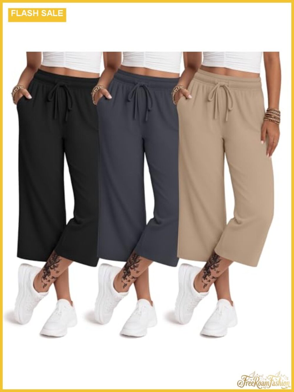 Womens Wide Leg Capri Yoga Pants High Waist 3 Pack Cropped Sweatpants